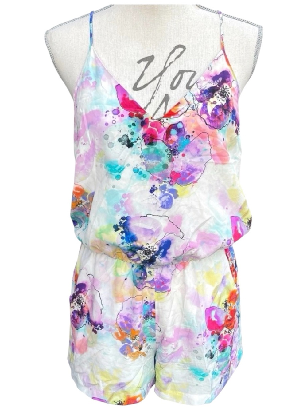 Amanda Uprichard Silk White/Multi Abstract Floral Racerback Romper (S)
